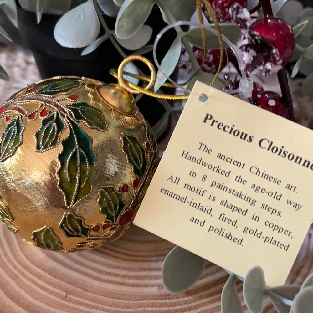 Vintage Cloisonné Ornament Gold with Holy Berries
